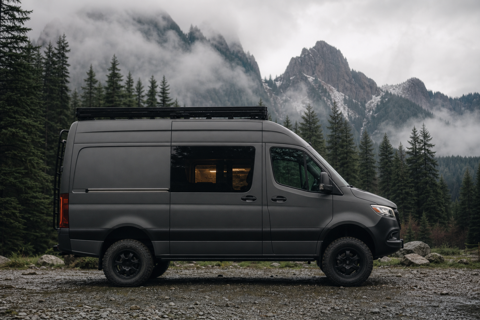 Matte grey high-roof van in misty evergreen mountains