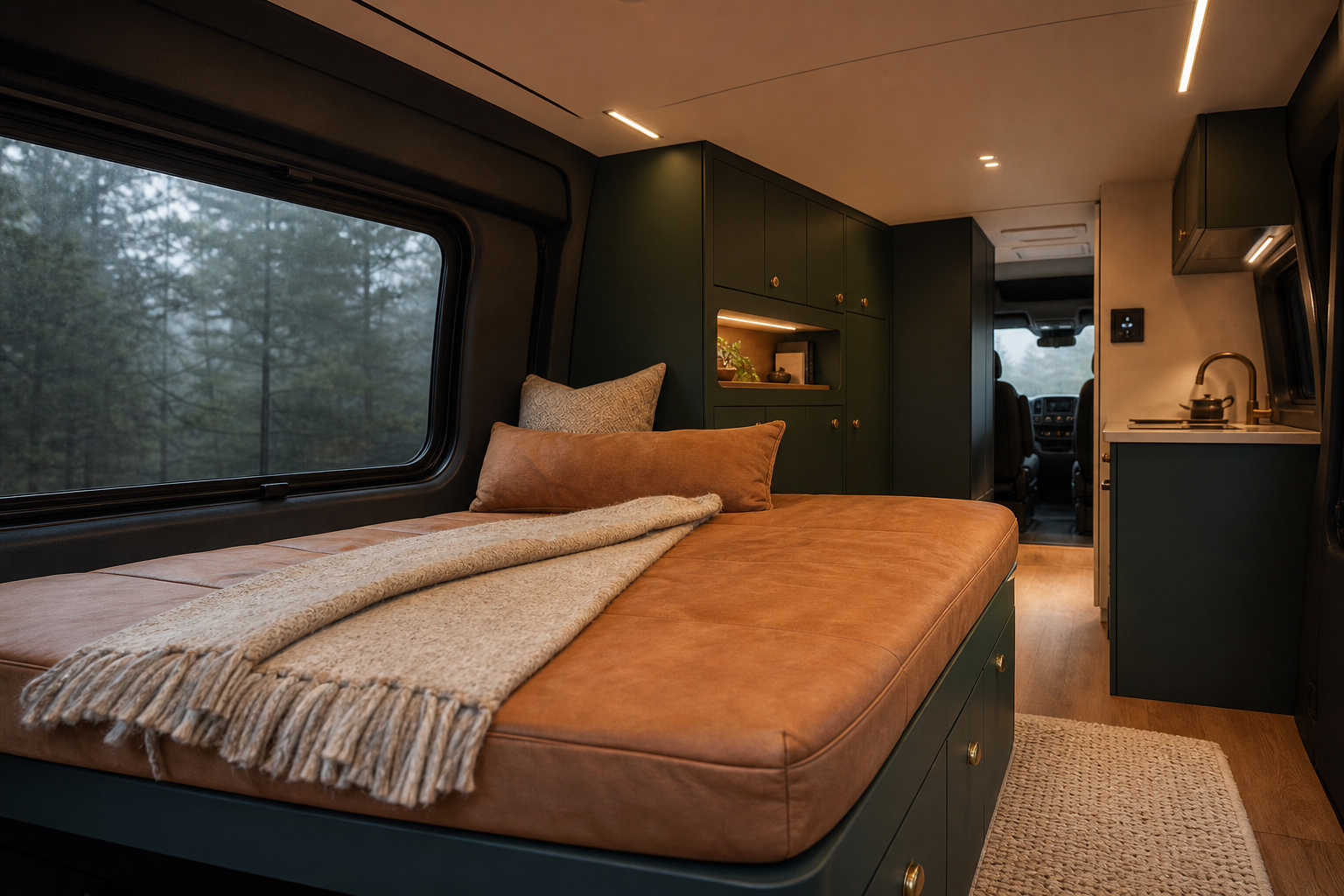 Van interior with green cabinetry and leather seating