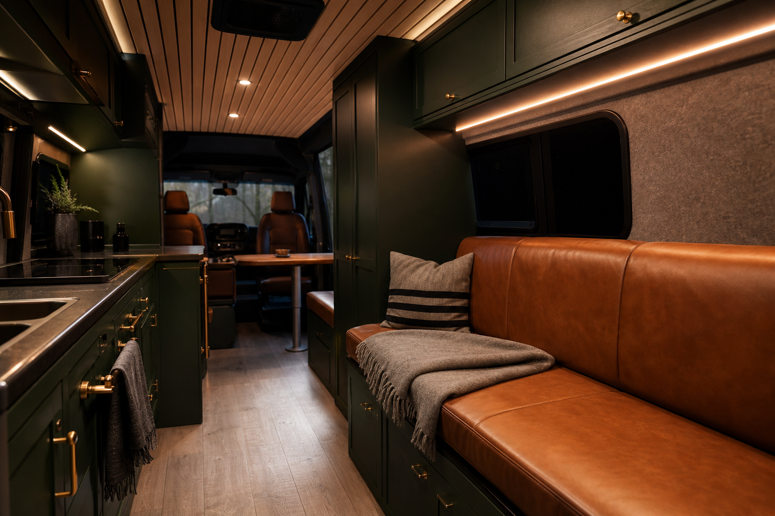 Wide van interior with galley and leather bench